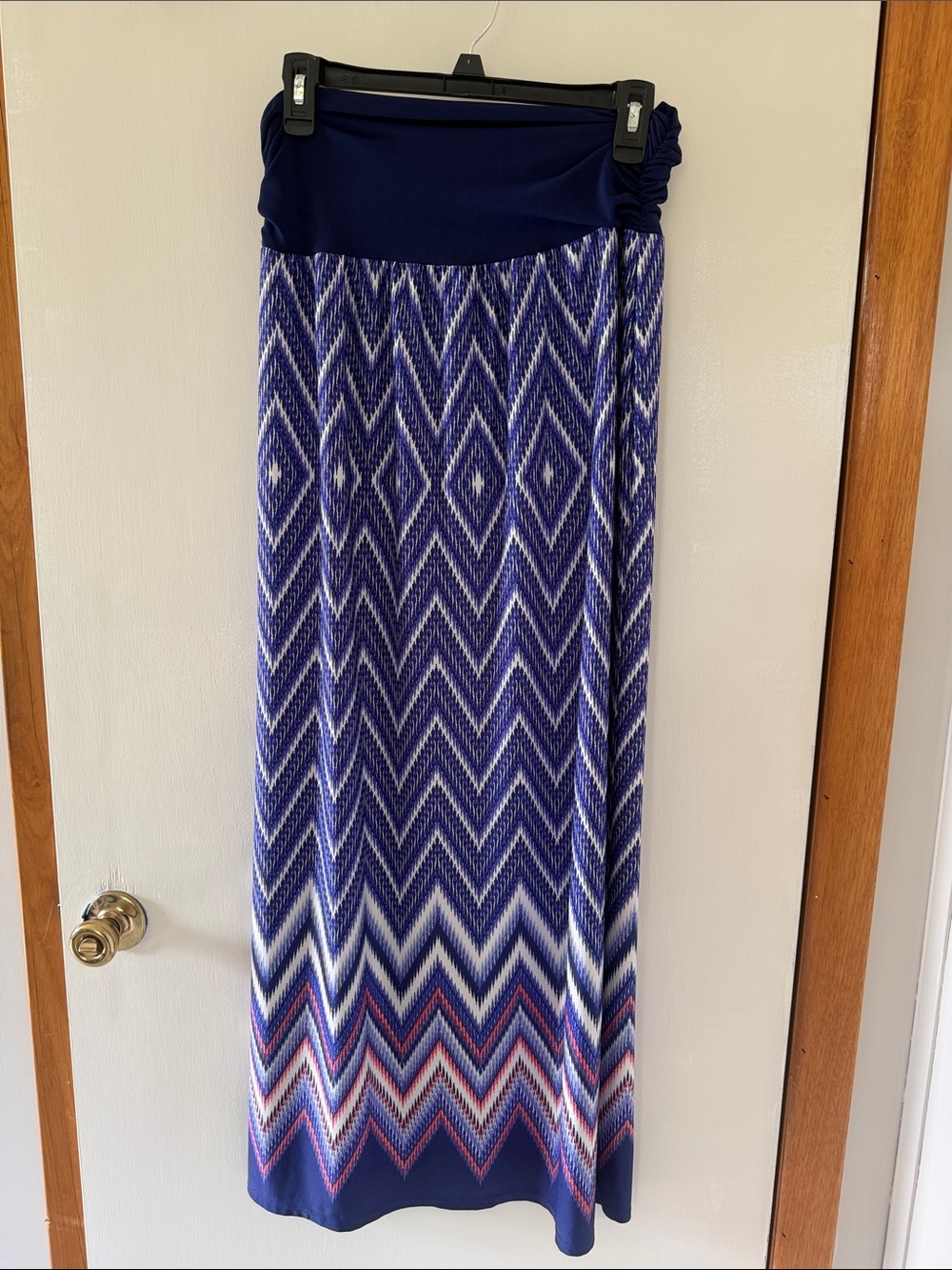 Navy Chevron Maxi Skirt - Fold-Over Waist